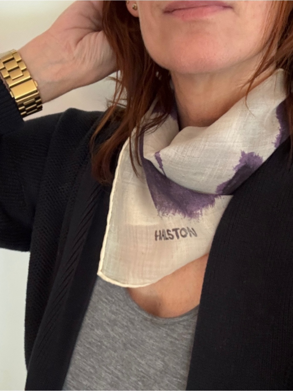 Halston Vintage Silk Blend Cream & Purple Square Scarf 25”